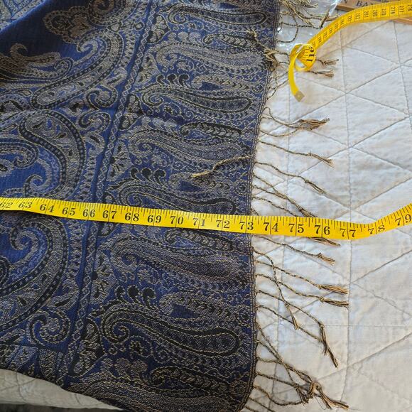 Pashmina Cashmere Blend Scarf Wrap Blue Gold Paisley Elegant Tasseled Romantic - Picture 5 of 10